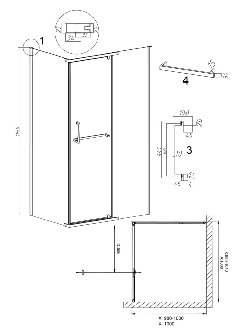 Grossman Pragma 100.K33.03.100.10.00-200.K33.03.100.10.00 (100х100х195) распашная,хром,стекло прозрачное,2 места