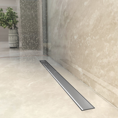 BERGES водосток напольный Optim Line 600, решетка нержавеющая сталь, хром глянец, S-сифон D50 H60 горизонтальный