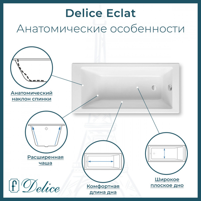 Delice Eclat 170х70 с отверстиями под ручки (в комплекте только ванна, без ножек и слива-перелива)