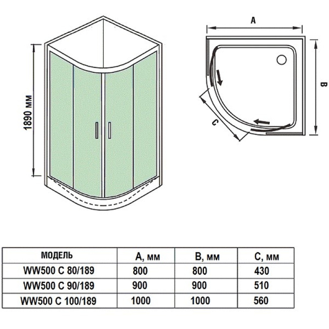 WeltWasser WW500 С 100х100 10000004086 профиль Хром матовый стекло прозрачное без поддона